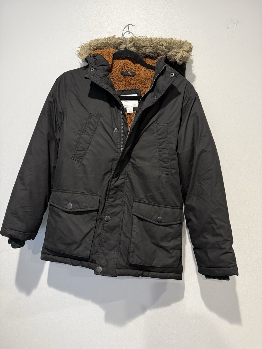 Old Navy Kids Size L 10/12 Winter Parka Jacket Coat Hooded Black Sherpa Lined